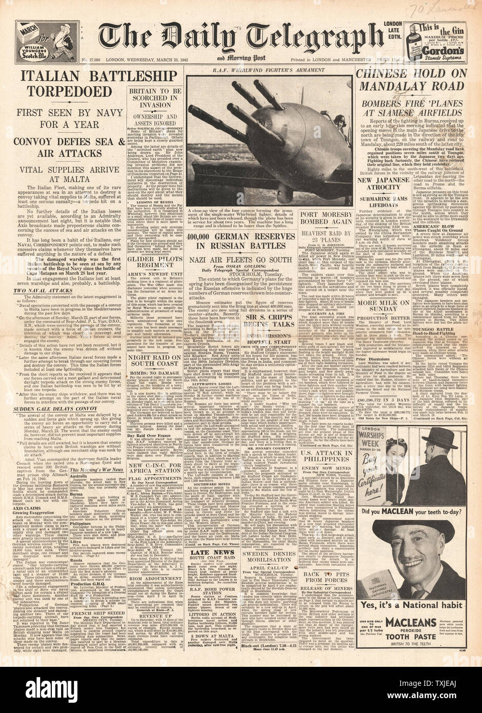 1942 Front Page Daily Telegraph italienische Schlachtschiff torpediert und Rettungsboote der Frachtschiff SS Kwangtung Maschine geschossen und Rammte von japanischen U-Boot I 56 Stockfoto