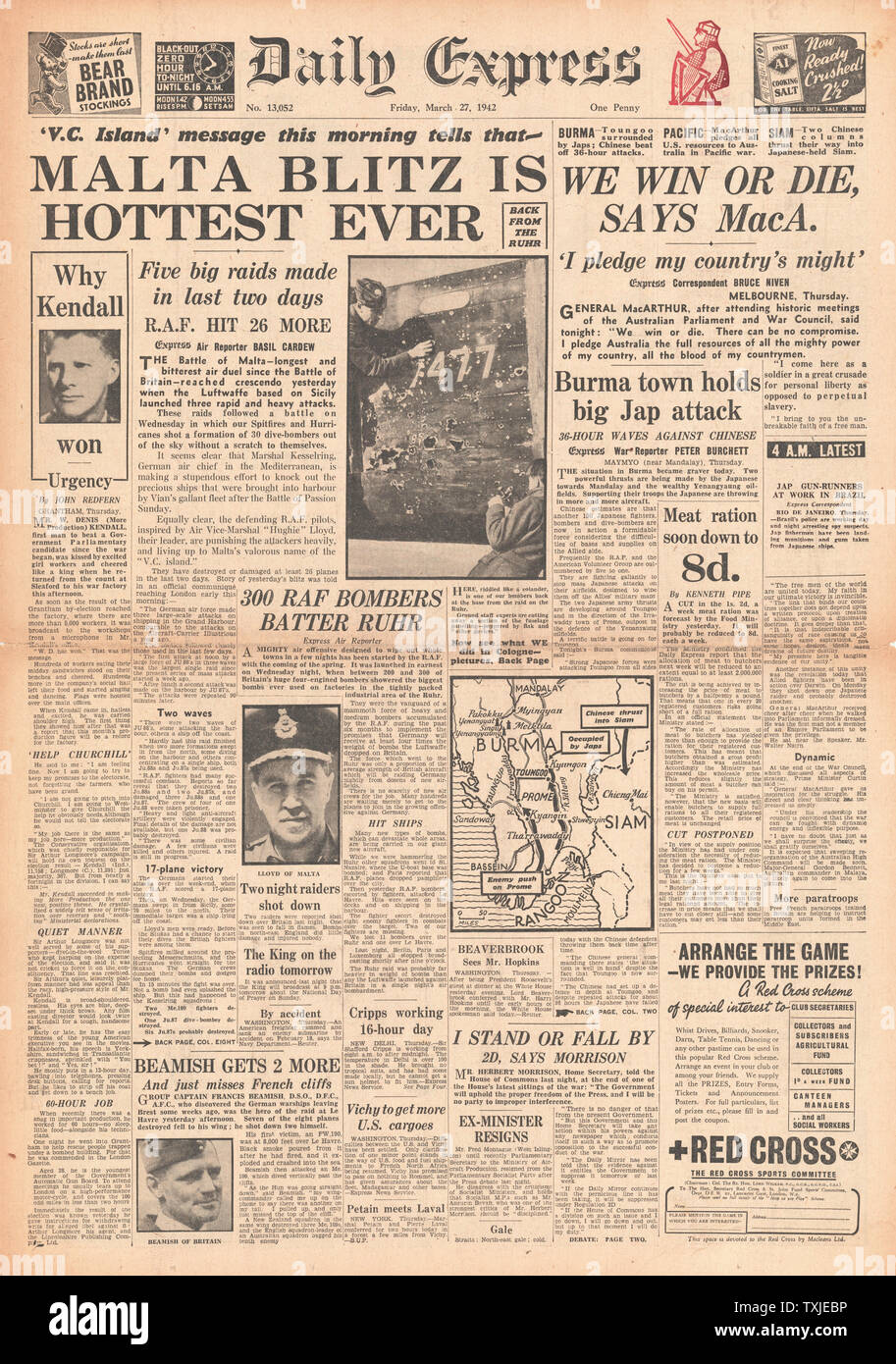 1942 Front Page Daily Express Flugzeuge Luftwaffe Bombe Malta und MacArthur sagt: "Wir Siegen oder Sterben" Stockfoto