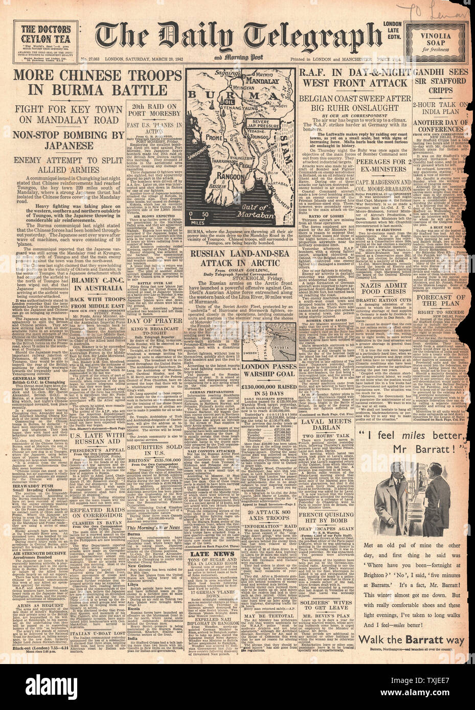 1942 Front Page Daily Telegraph chinesischen Armee Schlacht in Birma und der Russischen Armee voraus in der Arktis Stockfoto