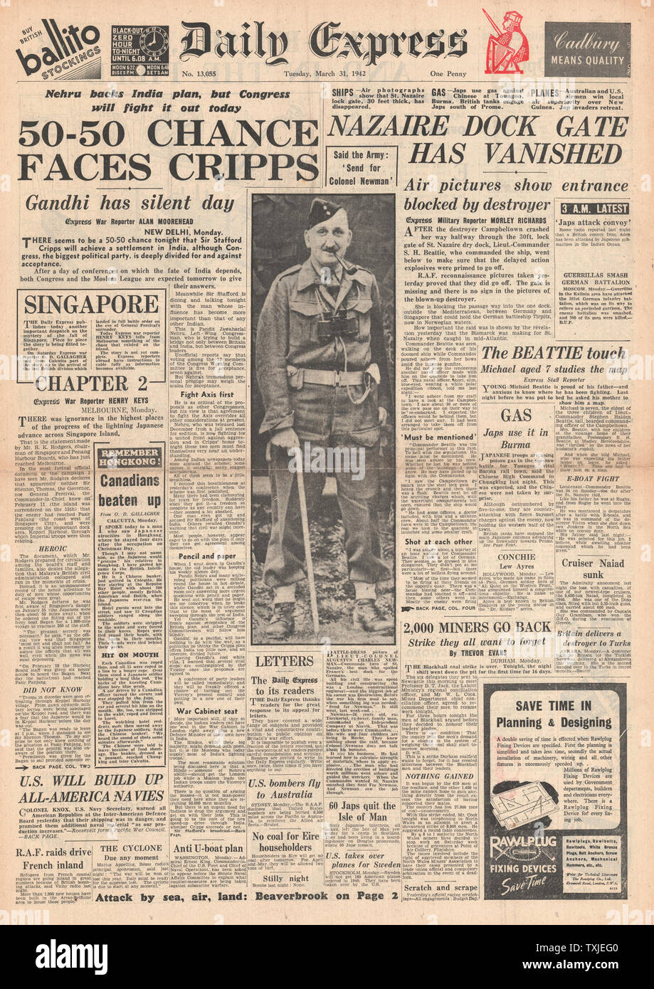 1942 Front Page Daily Express British Commando Raid auf Docks an St. Nazaire, japanischen Streitkräfte ein toungoo und Indien voll Dominion Rechte angeboten Stockfoto