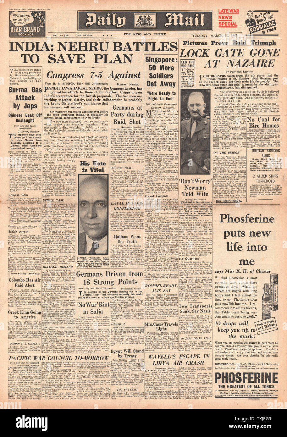 1942 Front Page Daily Mail British Commando Raid auf Docks in St. Nazaire und Indien angeboten, ihrerseits die vollständige Herrschaft Rechte Stockfoto