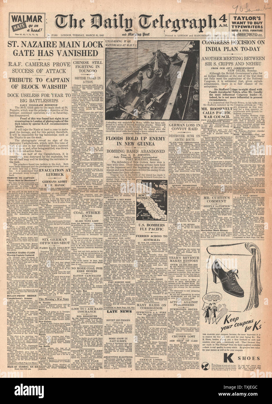 1942 Front Page Daily Telegraph British Commando Raid auf Docks in St. Nazaire und Indien angeboten, ihrerseits die vollständige Herrschaft Rechte Stockfoto