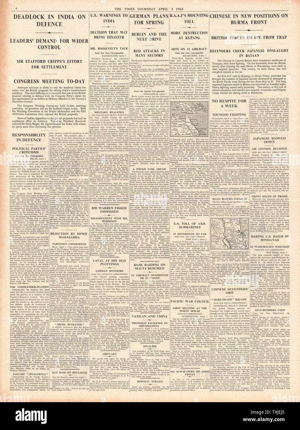 1942 Seite 4 Die Zeiten, Nehru und Wavell treffen Indien Krise zu beenden Stockfoto