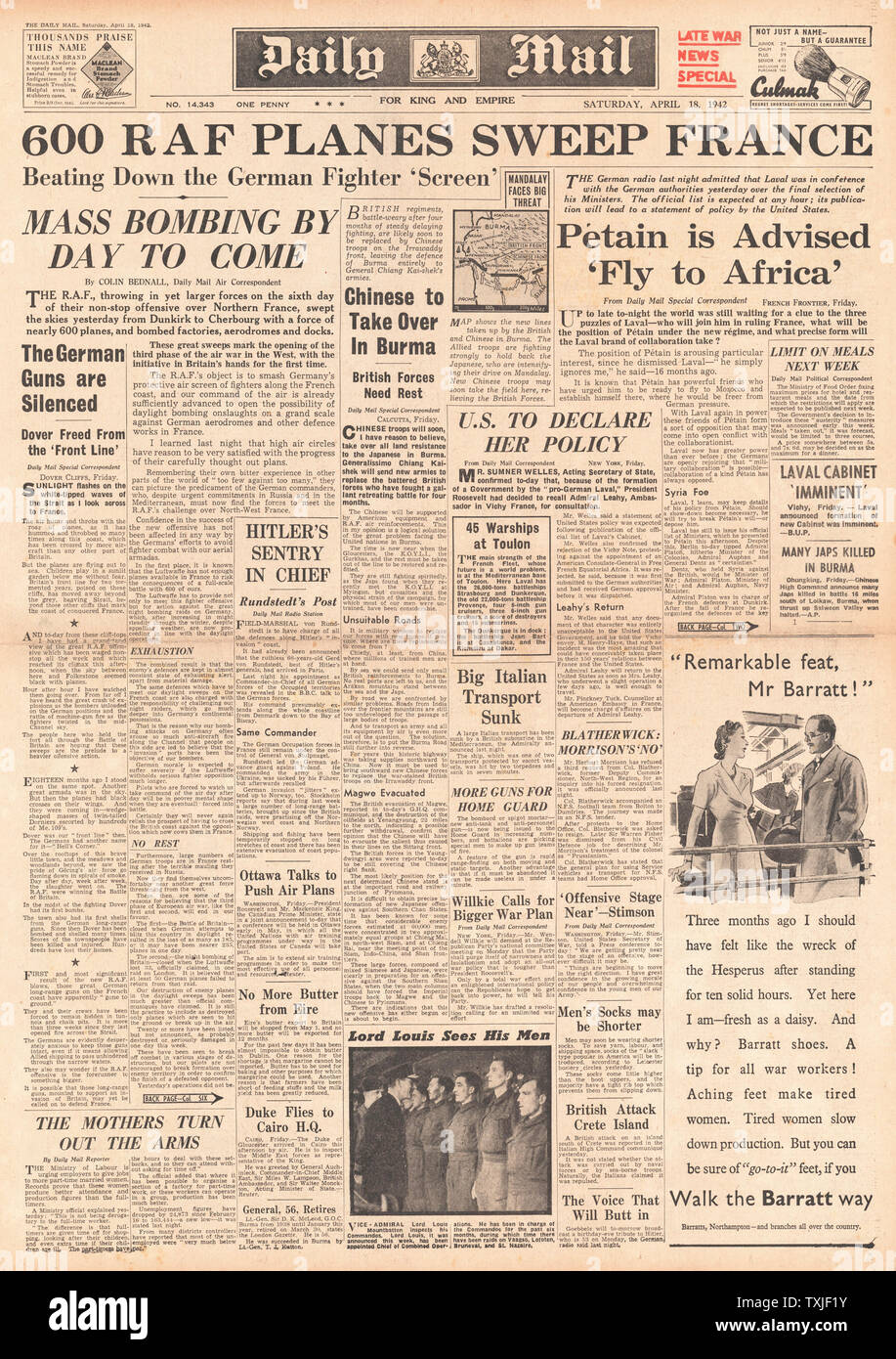 1942 Front Page Daily Mail RAF-Flugzeuge bombardieren Frankreich Stockfoto