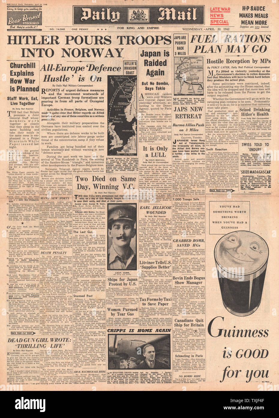 1942 Titelseite Daily Mail Hitler schickt mehr Truppen nach Norwegen Stockfoto