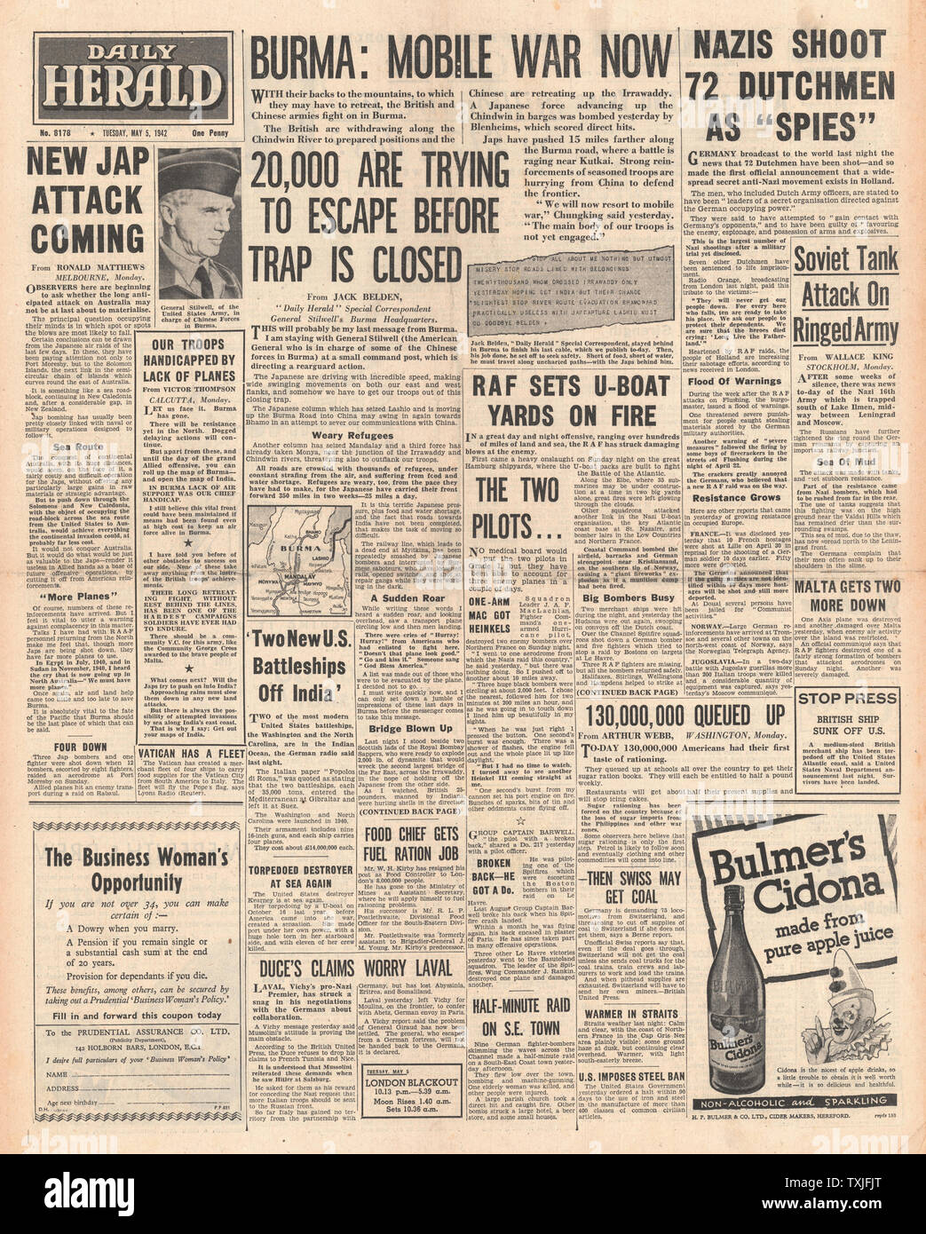 1942 Front Page Daily Herald Schlacht für Birma, RAF Bombe besetzten Frankreich und Deutschen Repressalien in Holland Stockfoto