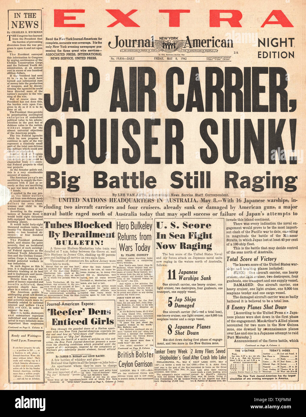 1942 Front page New York Journal American Heavy japanische Verluste bei der Schlacht im Korallenmeer Stockfoto