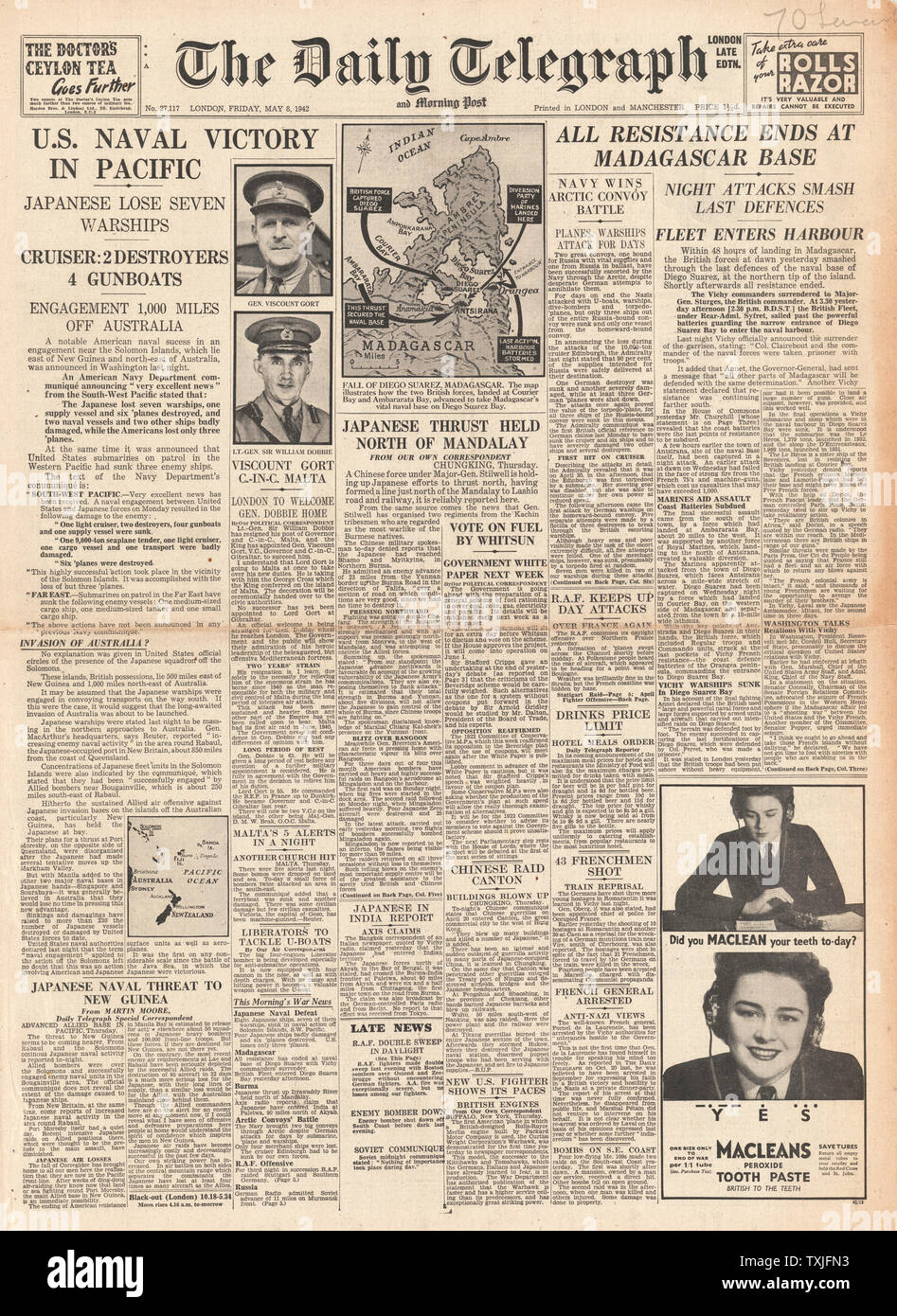 1942 Front Page Daily Telegraph Schlacht im Korallenmeer, japanischen Truppen voraus, Chittagong, Schlacht für Madagaskar und General Gort ist neuer Kommandant in Malta Stockfoto