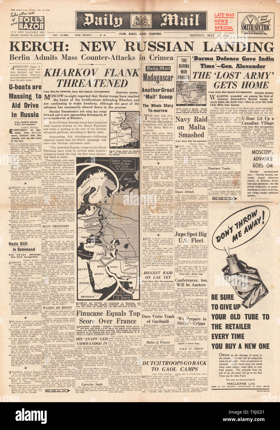 1942 Front Page Daily Mail Schlacht für Kertsch und Charkow Stockfoto