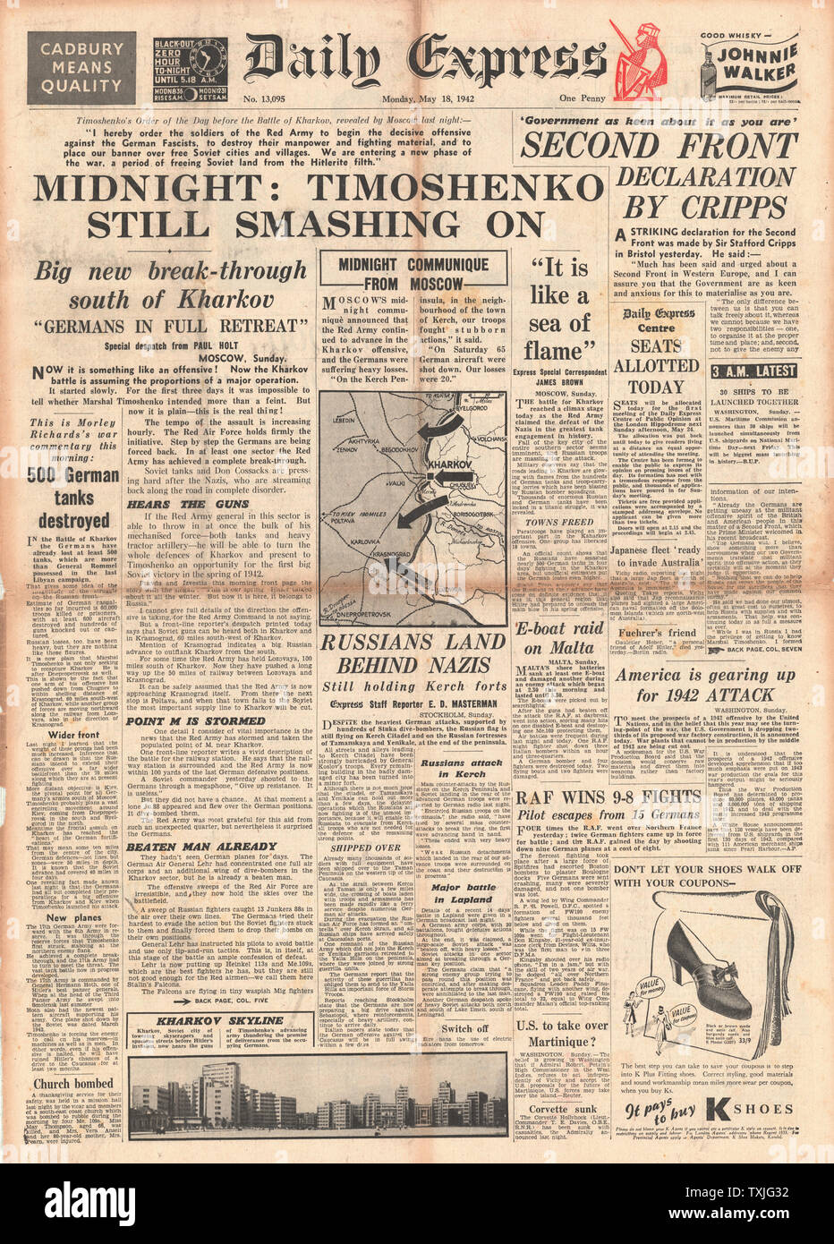 1942 Front Page Daily Express Schlacht für Kertsch und Charkow Stockfoto