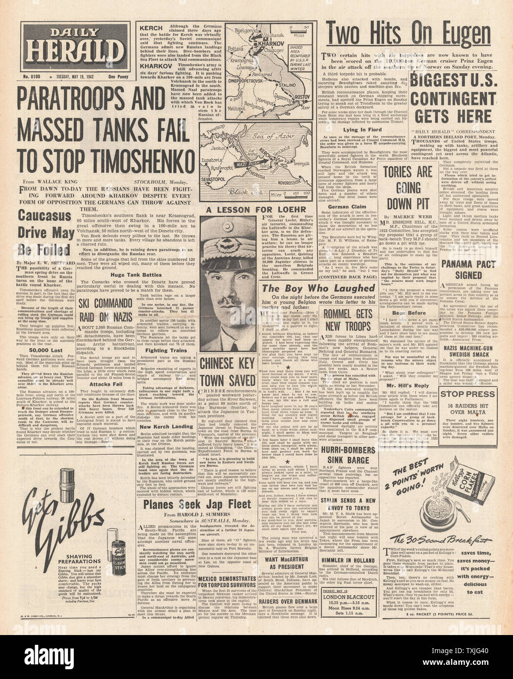 1942 Front Page Daily Herald Schlacht für Kertsch und Charkow Stockfoto