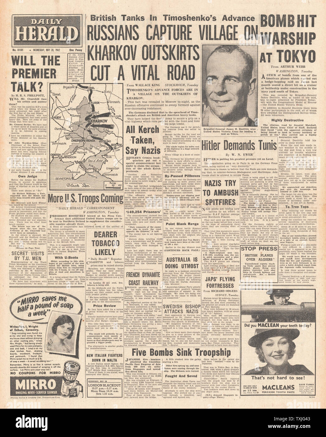 1942 Front Page Daily Herald Schlacht um Charkow Stockfoto
