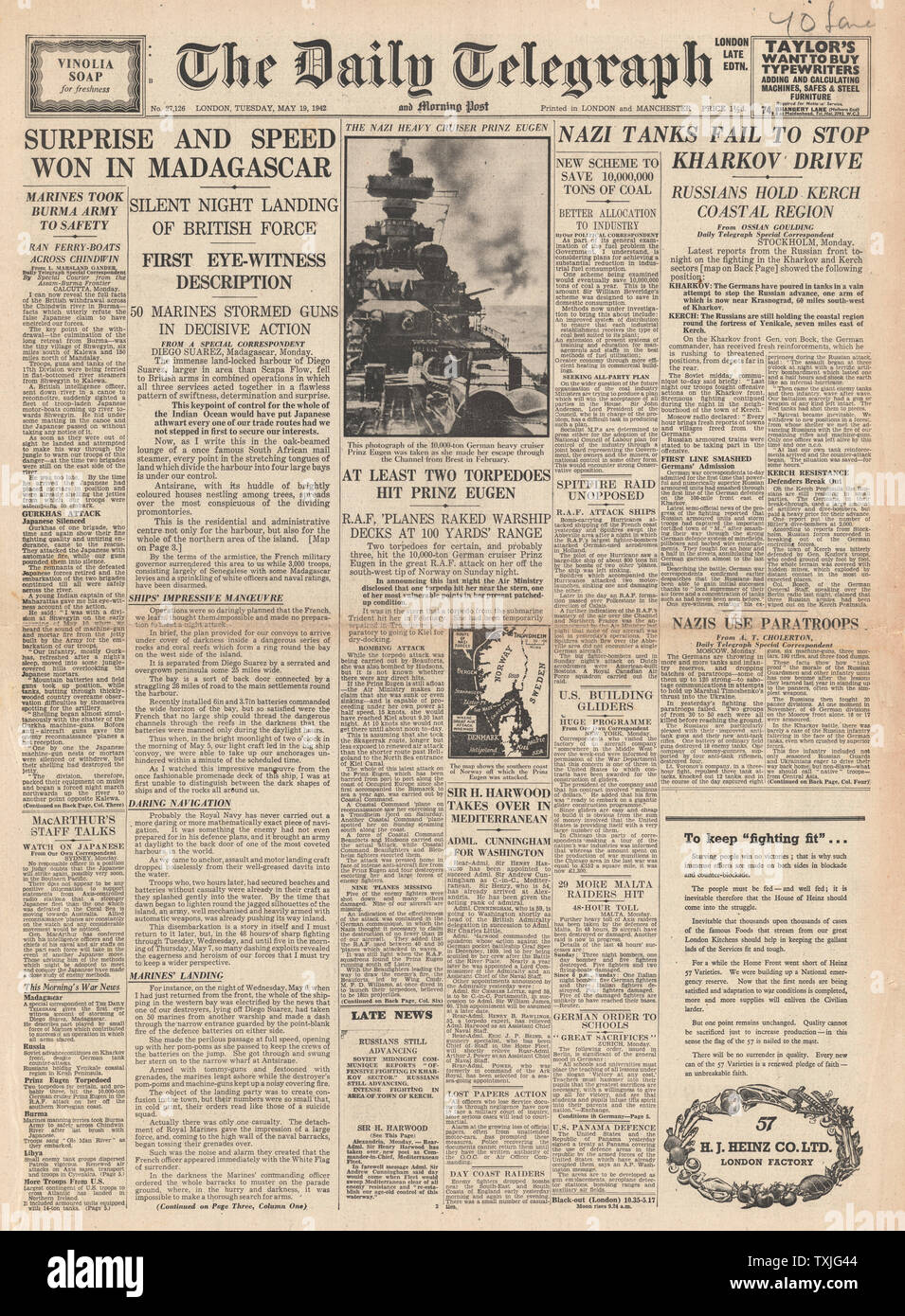 1942 Front Page Daily Telegraph Schlacht um Charkow und Madagaskar Stockfoto