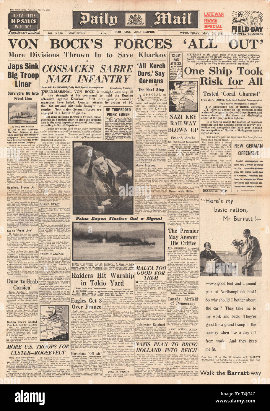 1942 Front Page Daily Mail Schlacht um Charkow, Untergang der Liner Kaiserin von Asien und Kampf für Madagaskar Stockfoto