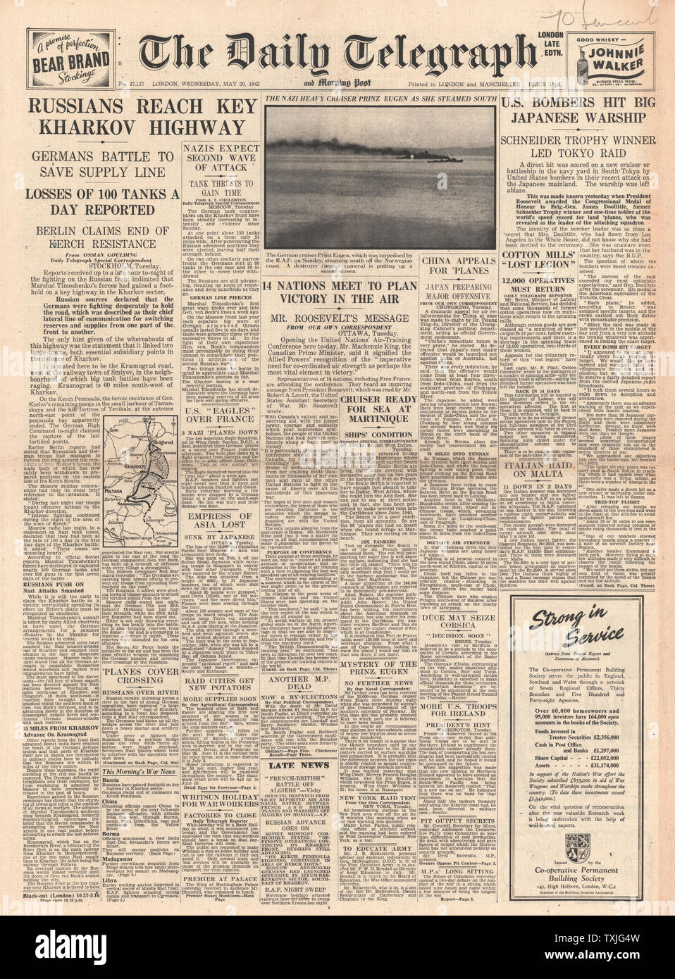 1942 Front Page Daily Telegraph Schlacht um Charkow Stockfoto