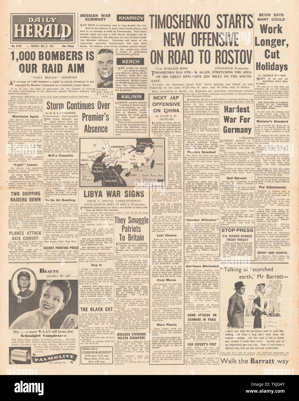 1942 Front Page Daily Herald der Russischen Armee neue Offensive auf Rostow Stockfoto