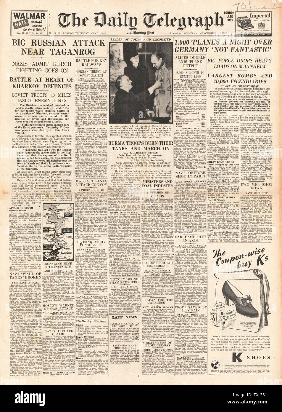 1942 Front Page Daily Telegraph russische Armee in Taganrog und RAF-Bombe Mannheim Stockfoto