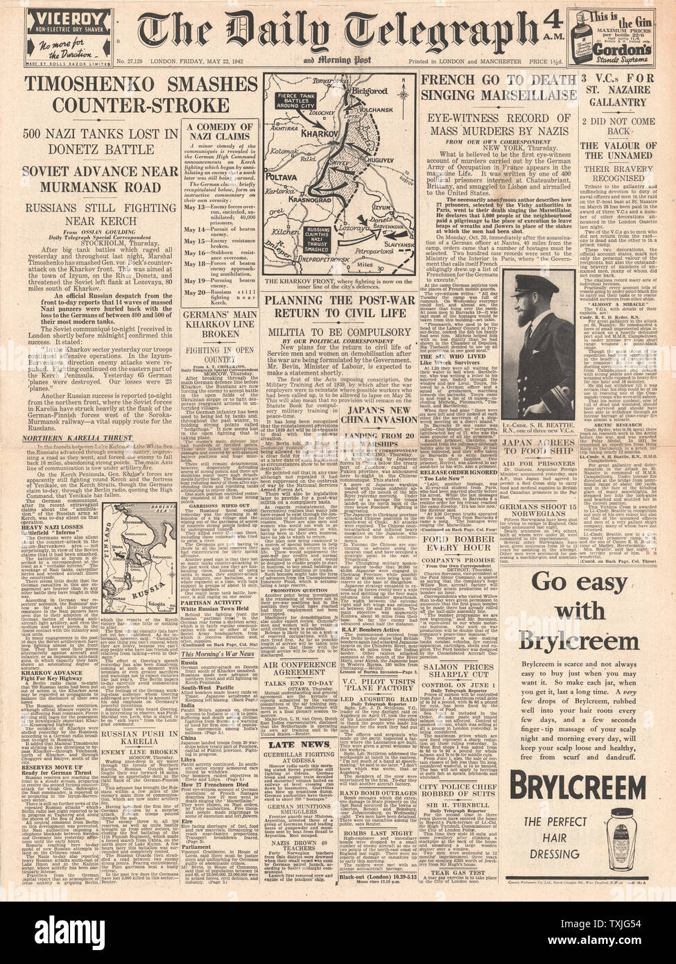 1942 Front Page Daily Telegraph russische Offensive um Charkow, Hinrichtungen in Frankreich und VC's für St Nazaire Commando Raid ausgezeichnet Stockfoto