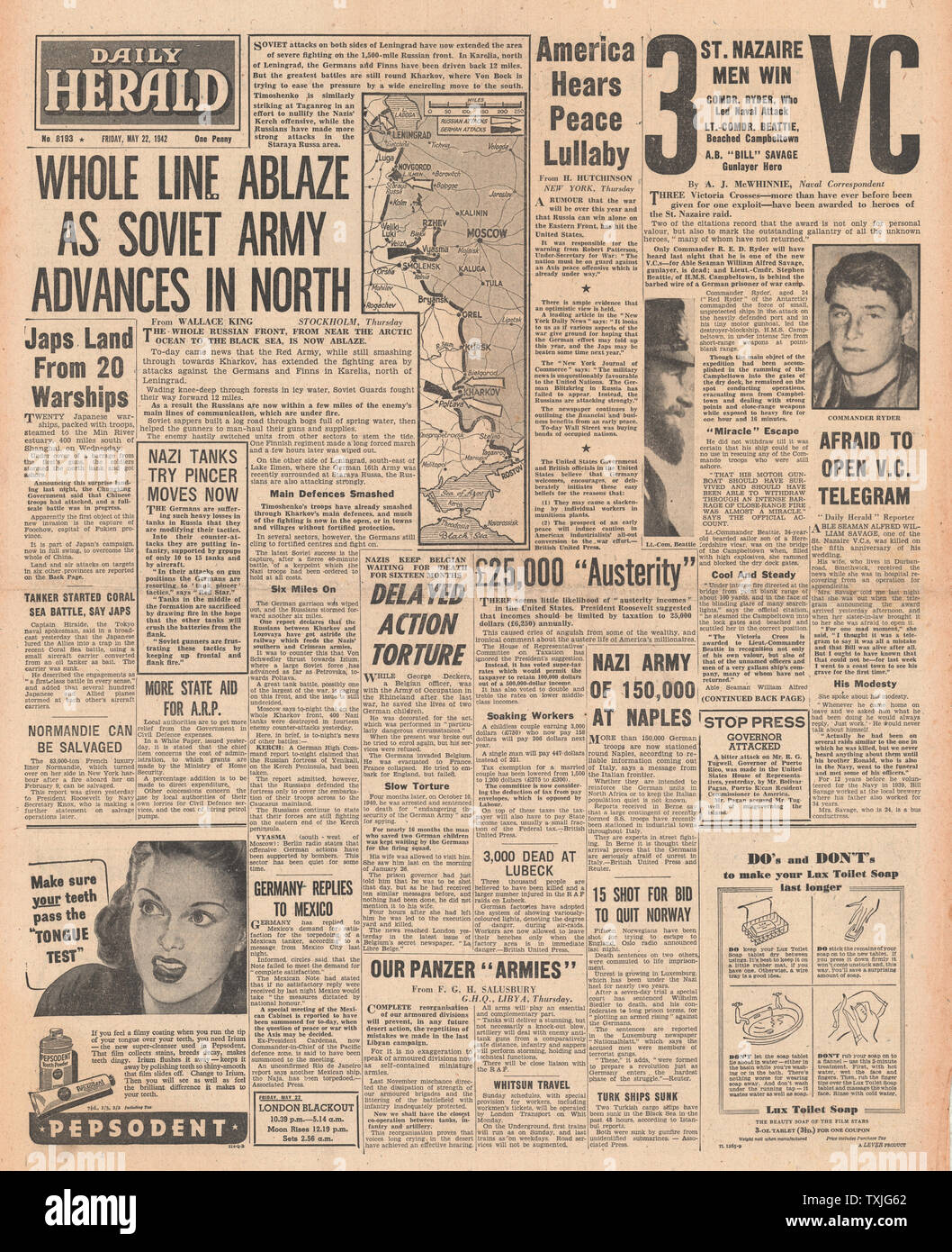 1942 Front Page Daily Herald russische Armee voraus entlang der gesamten Ostfront, Hinrichtungen in Norwegen und VC's für St Nazaire Commando Raid ausgezeichnet Stockfoto