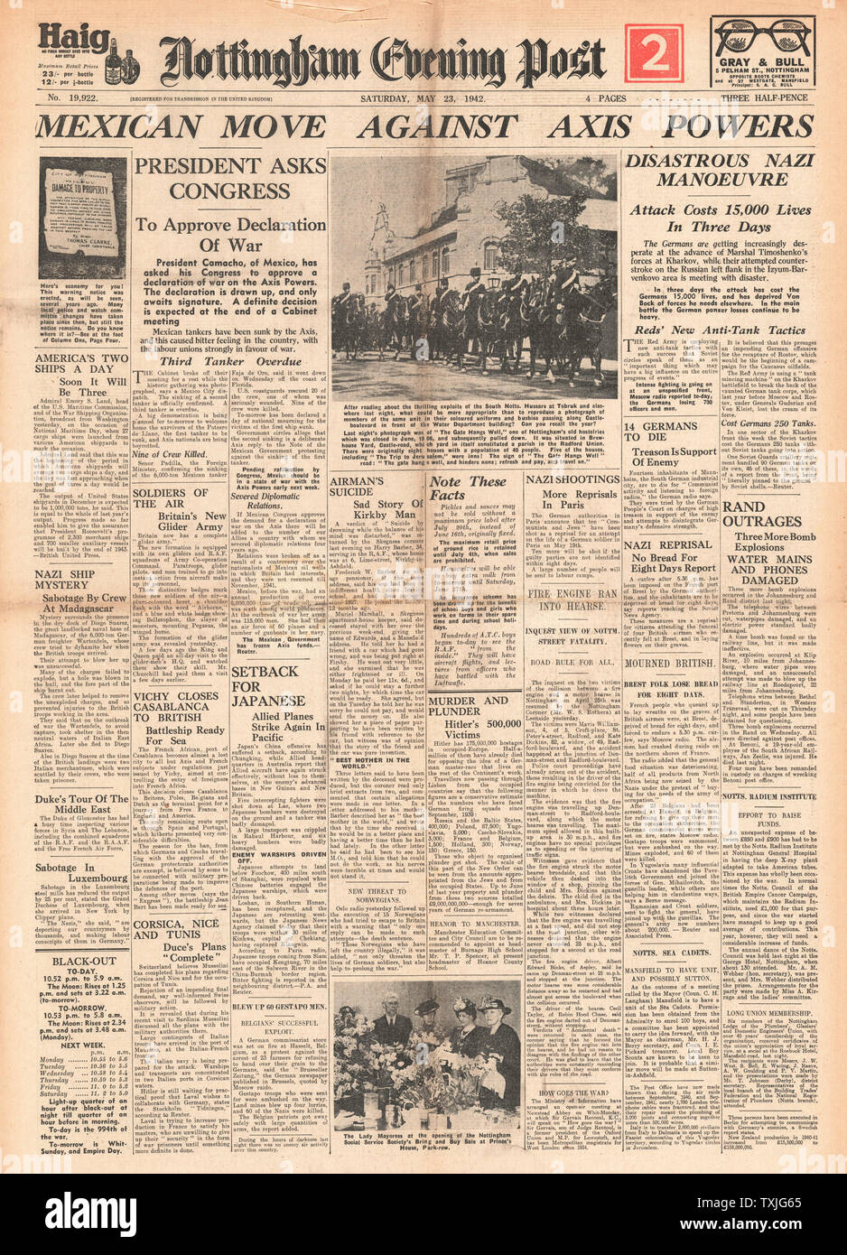 1942 Titelseite Nottingham Evening Post mexikanischer Präsident bittet um Zustimmung zur Kriegserklärung gegen Achsenmächte und Schlacht um Charkow Stockfoto