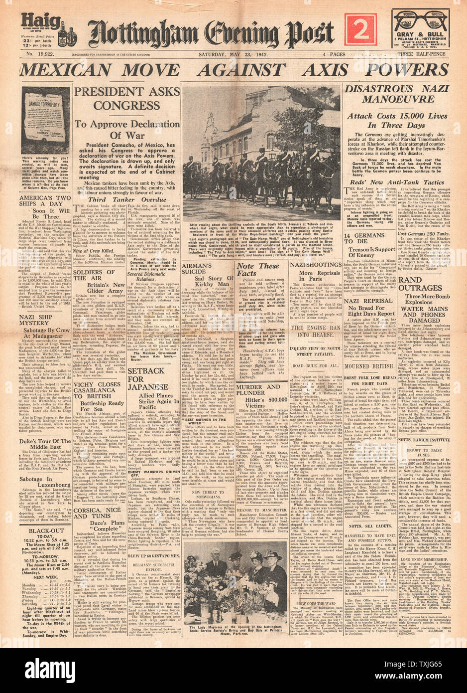 1942 Vorderseite Nottingham Evening Post mexikanischen Präsidenten die Genehmigung der Kriegserklärung gegen Achse und Schlacht um Charkow Stockfoto