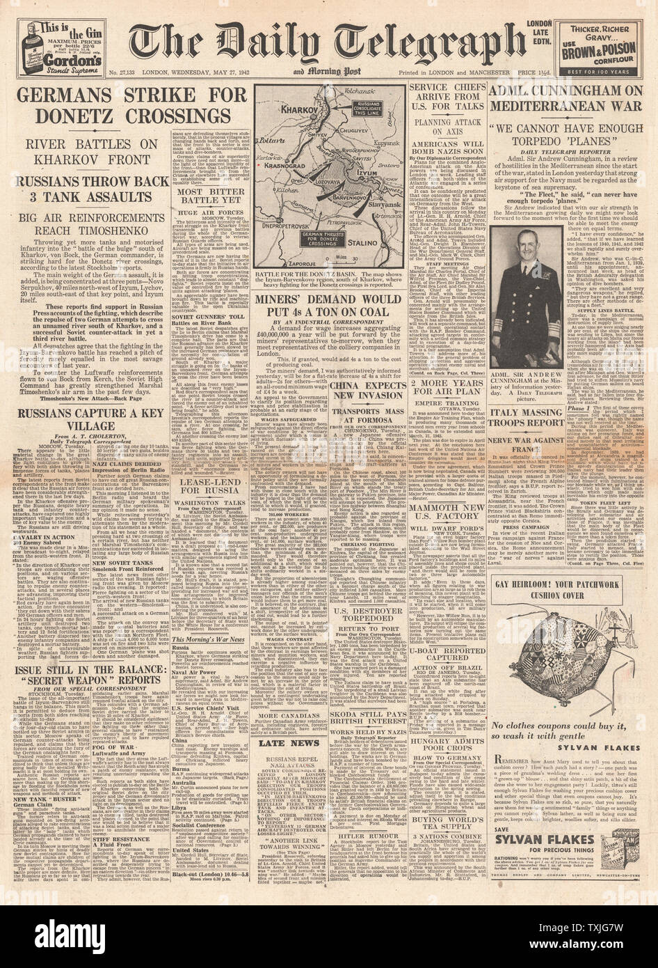1942 Front Page Daily Telegraph Schlacht um Charkow, Kampf um Kinhwa und italienische Armee Messe in Piemont an der französischen Grenze Stockfoto