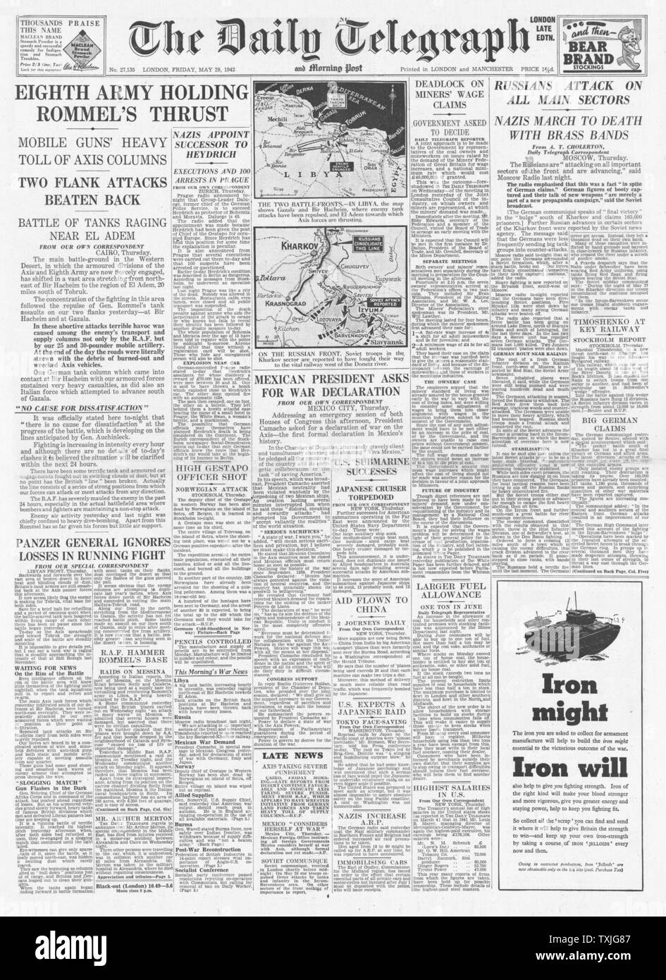 1942 Front Page Daily Telegraph Schlacht für Libyen, Schlacht um Charkow und mexikanische Präsident fordert für die Kriegserklärung Stockfoto