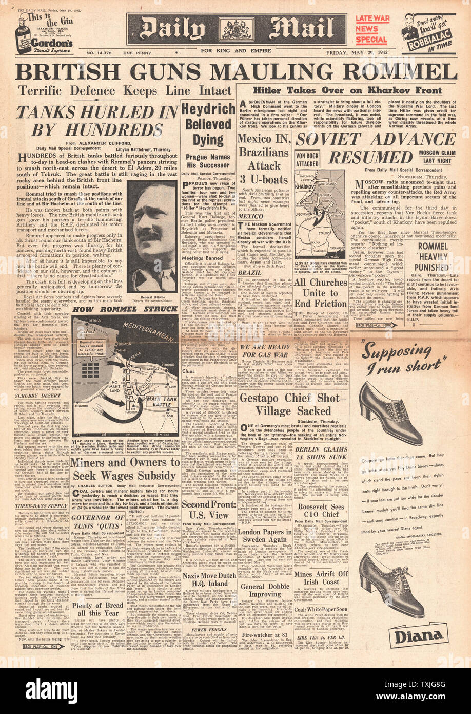 1942 Front Page Daily Mail Afrika Korps gehalten in Libyen, Schlacht um Charkow, Deutschen Repressalien nach dem Attentat auf Heydrich und Mexiko im Krieg mit Achse Stockfoto