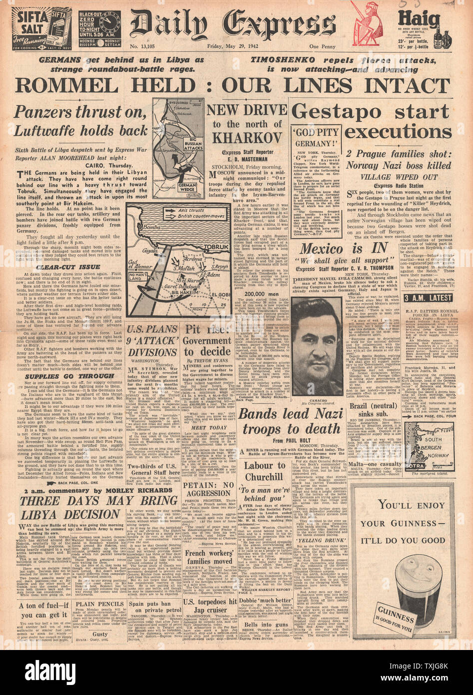 1942 Front Page Daily Express Afrika Korps gehalten in Libyen, Schlacht um Charkow, Deutschen Repressalien nach dem Attentat auf Heydrich und Mexiko im Krieg mit Achse Stockfoto