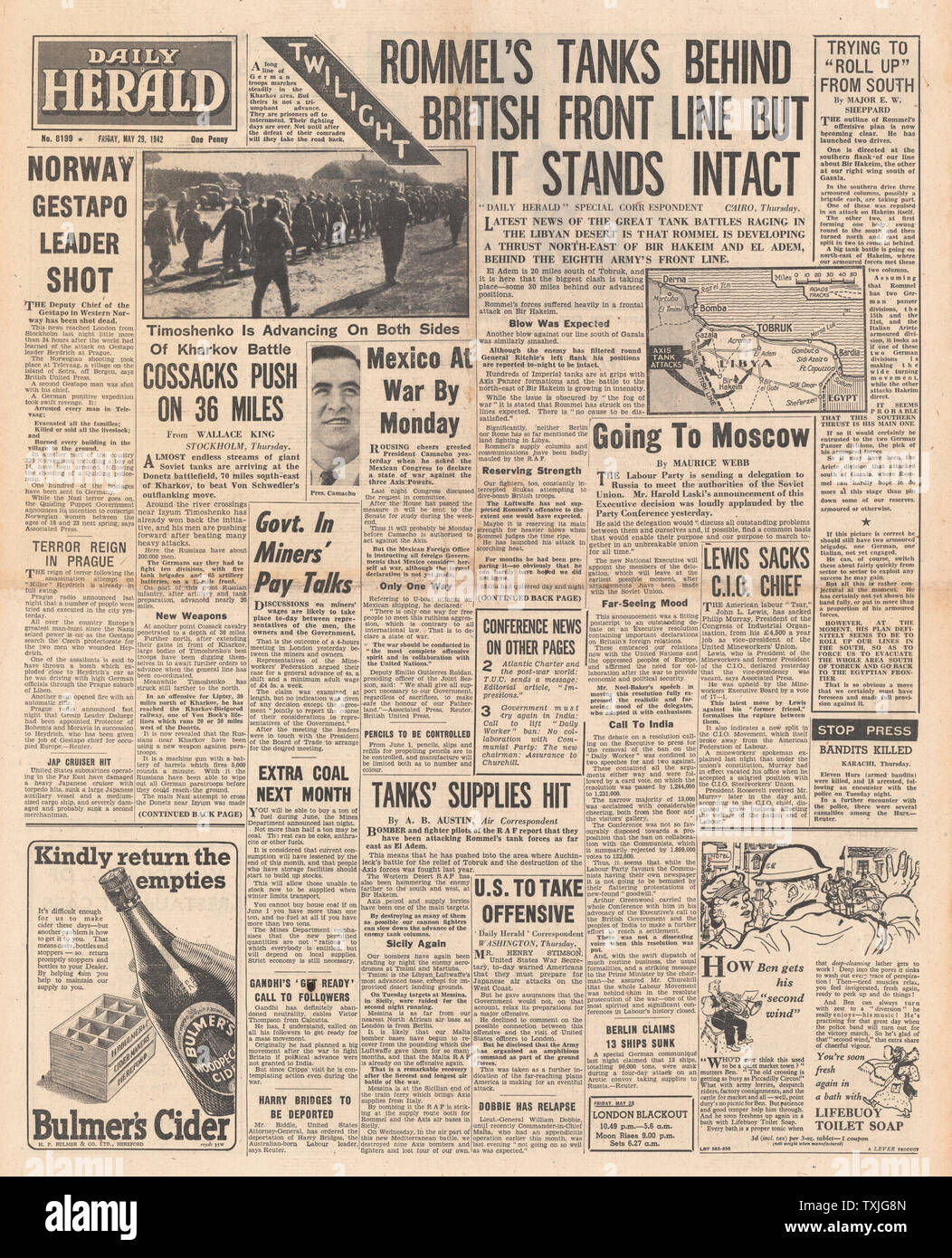 1942 Front Page Daily Herald Schlacht für Libyen und Schlacht um Charkow Stockfoto