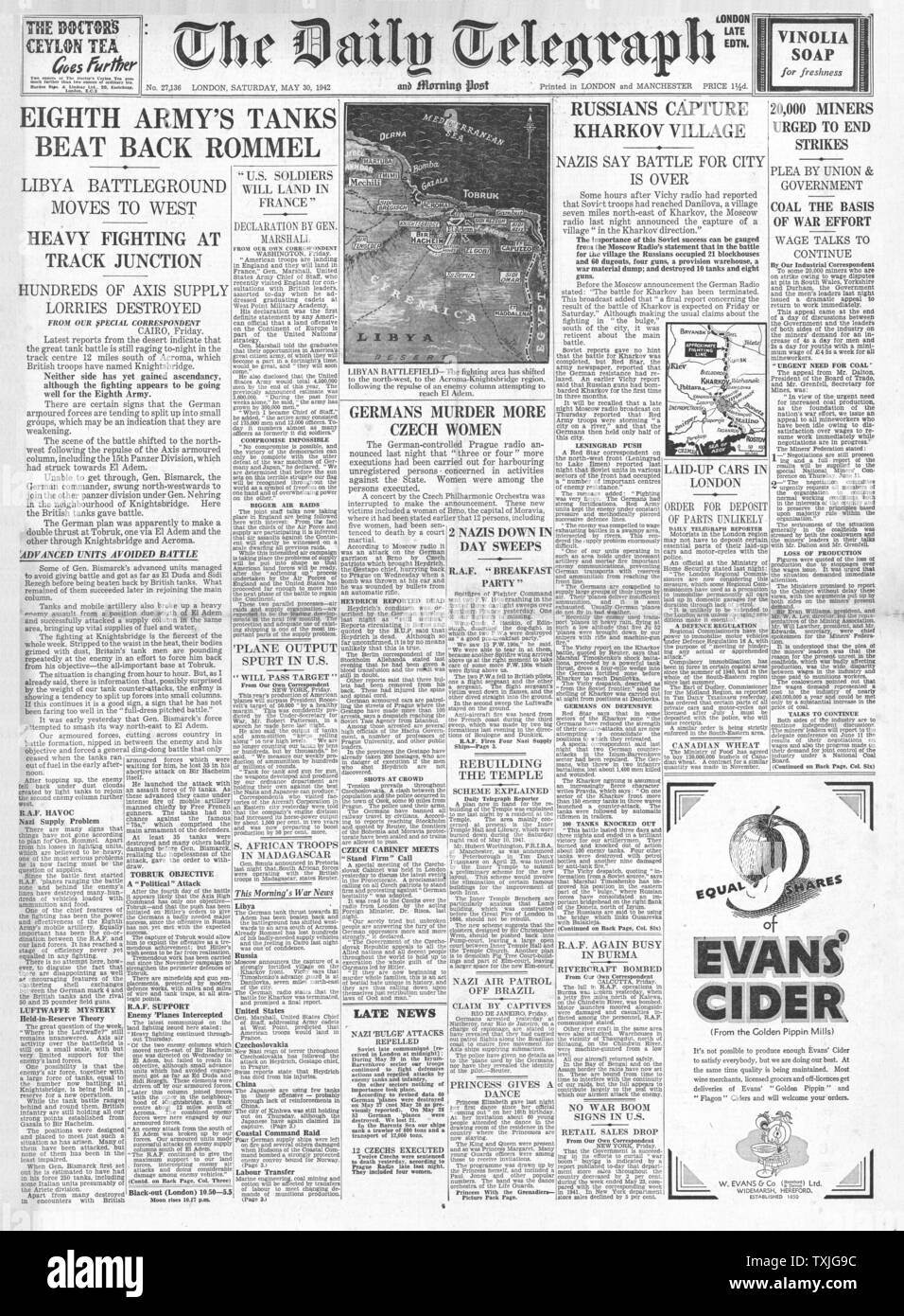 1942 Front Page Daily Telegraph Schlacht für Libyen, Schlacht um Charkow, Repressalien in Prag und Kinhwa unter Belagerung Stockfoto