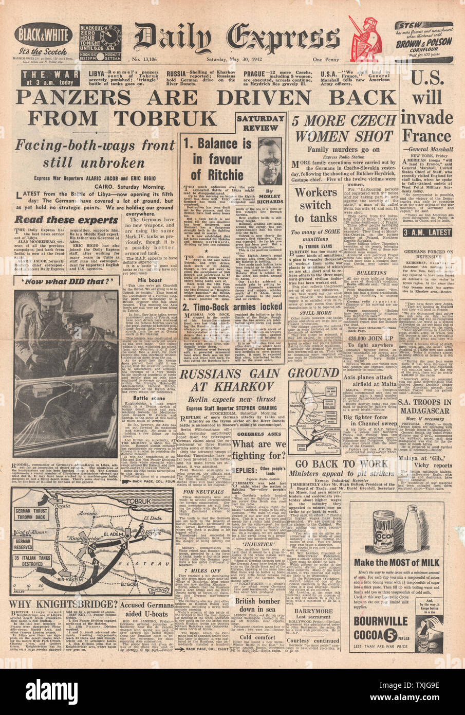 1942 Front Page Daily Express Schlacht für Libyen und Tobruk, Repressalien in der Tschechoslowakei und Schlacht um Charkow Stockfoto