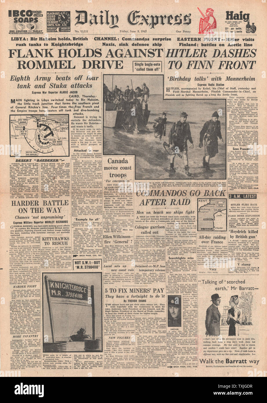 1942 Front Page Daily Express Schlacht für Libyen, japanische Bombe Midway Island, British Commandos Land in der Nähe von Boulogne, Reinhard Heydrich tot und die britische Regierung auf, alle Kohlengruben zu steuern Stockfoto