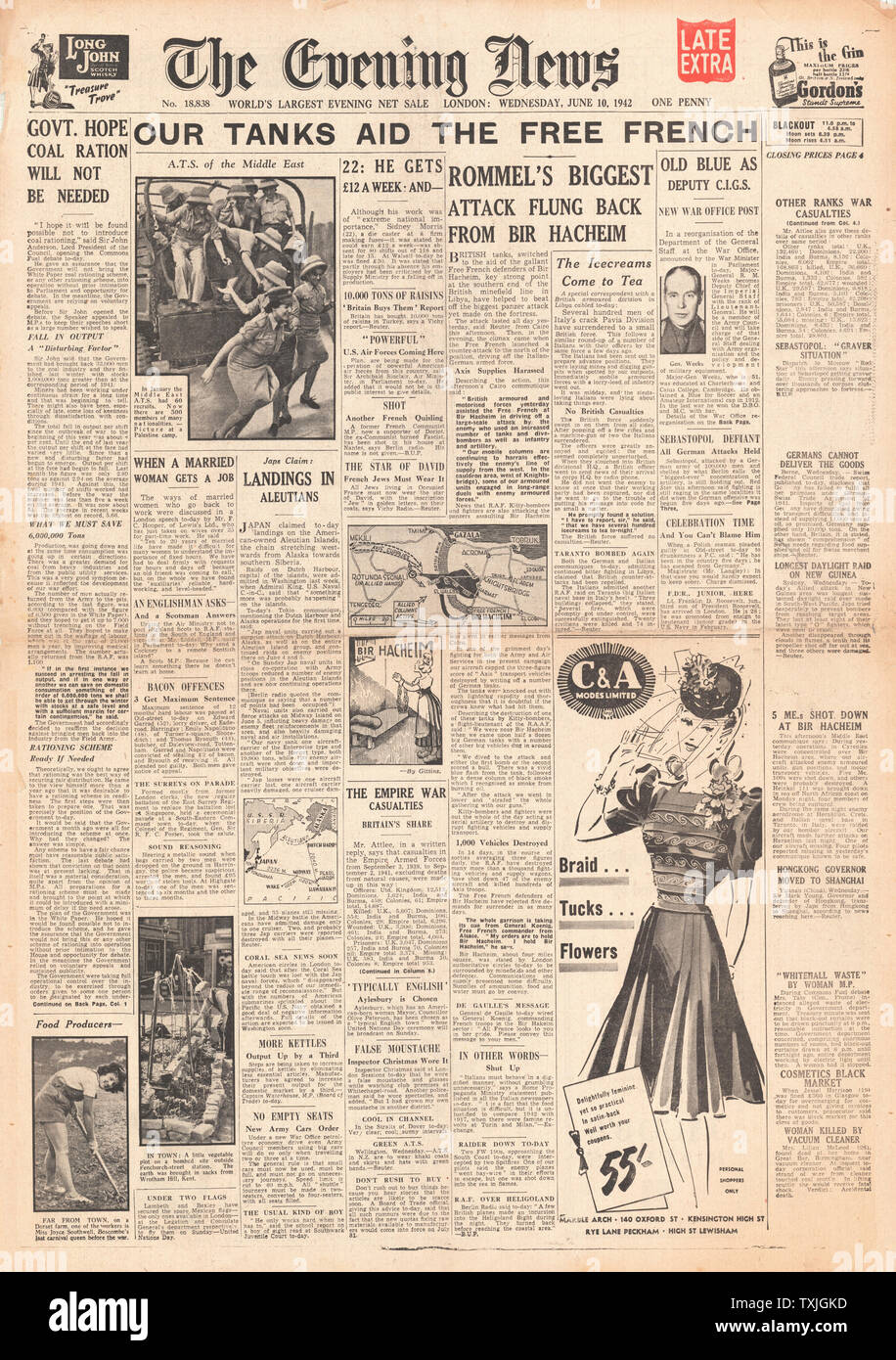 1942 Vorderseite Evening News Kampf um Libyen Stockfoto