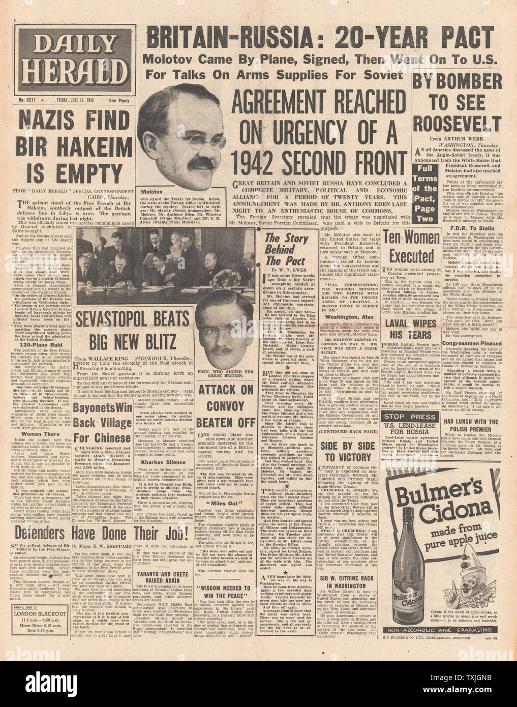 1942 Front Page Daily Herald Großbritannien und Russland unterzeichnen 20 Jahr Hilfe Pakt Stockfoto