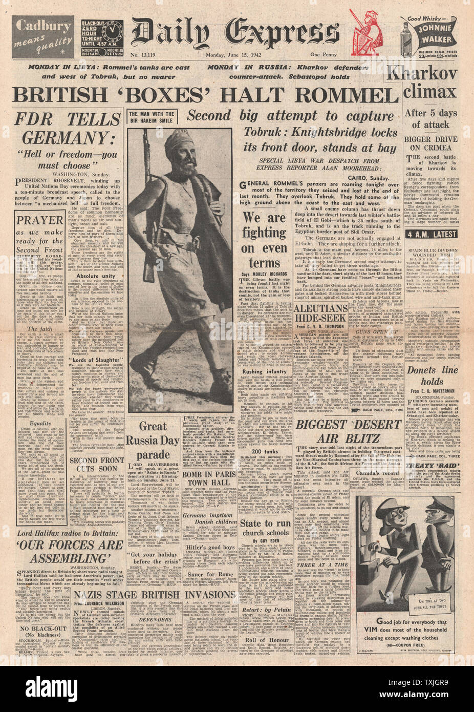 1942 Front Page Daily Express Schlacht um Tobruk und deutschen Armee voraus um Charkow Stockfoto