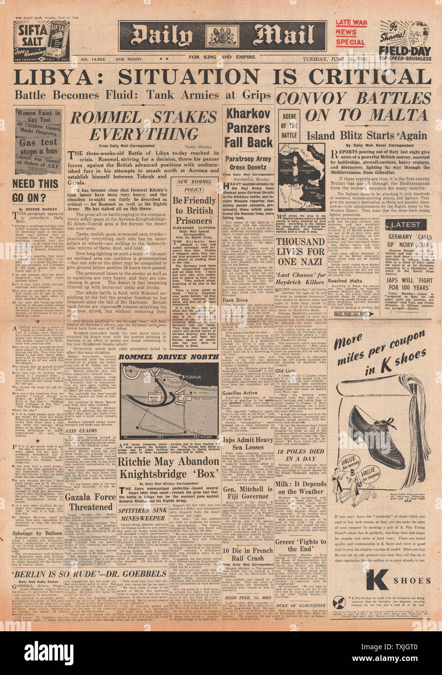 1942 Front Page Daily Mail Schlacht um Tobruk und Charkow Stockfoto 1942 Front Page Daily Mail Schlacht um Tobruk und Charkow Stockfoto