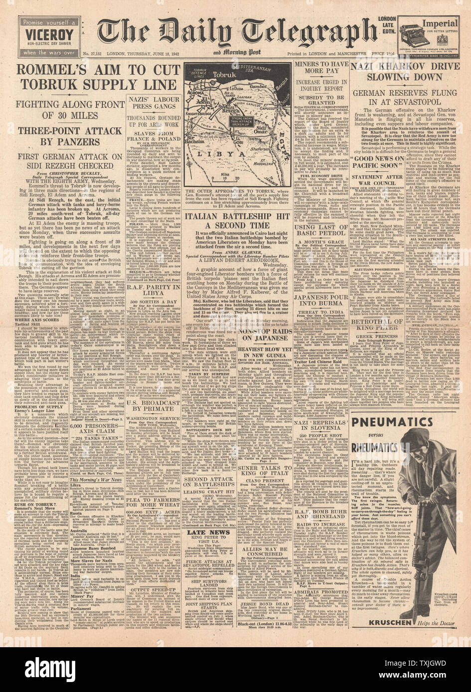 1942 Front Page Daily Telegraph Schlacht um Tobruk und Verbündeten Angriff der italienischen Flotte im Mittelmeer Stockfoto