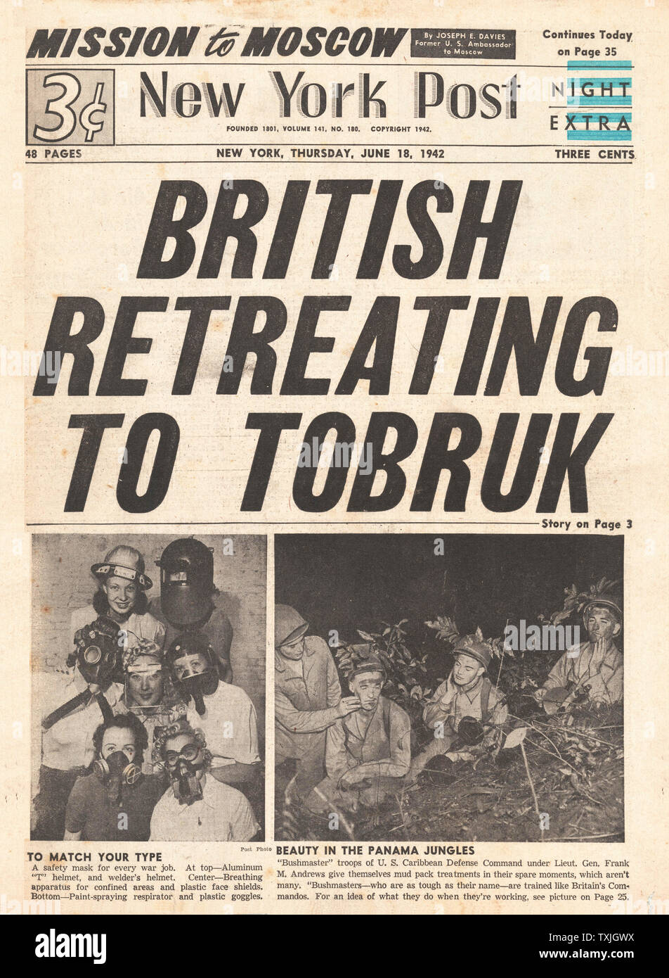 1942 Front page New York Post britische Truppen zum Rückzug zu Tobruk Stockfoto