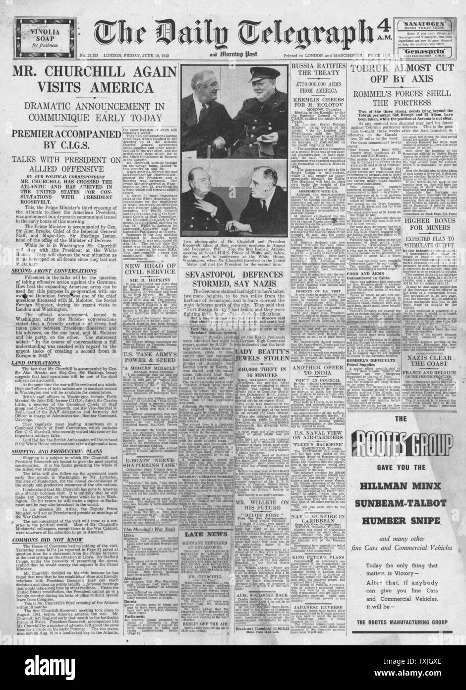 1942 Front Page Daily Telegraph Churchill Visits Roosevelt in Amerika und Schlacht um Tobruk und Sebastapol Stockfoto