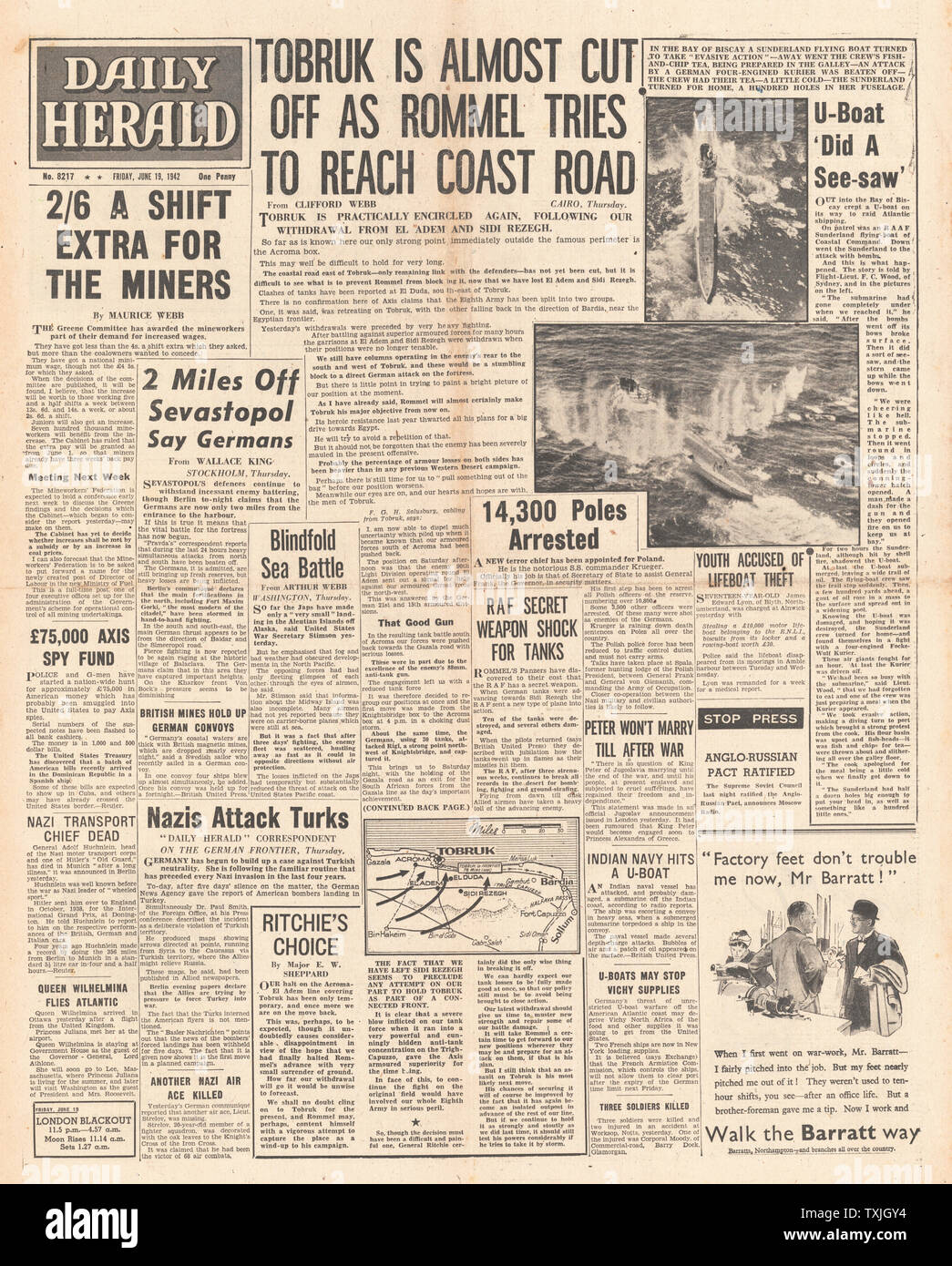 1942 Front Page Daily Herald britische Truppen Rückzug in Ägypten Stockfoto
