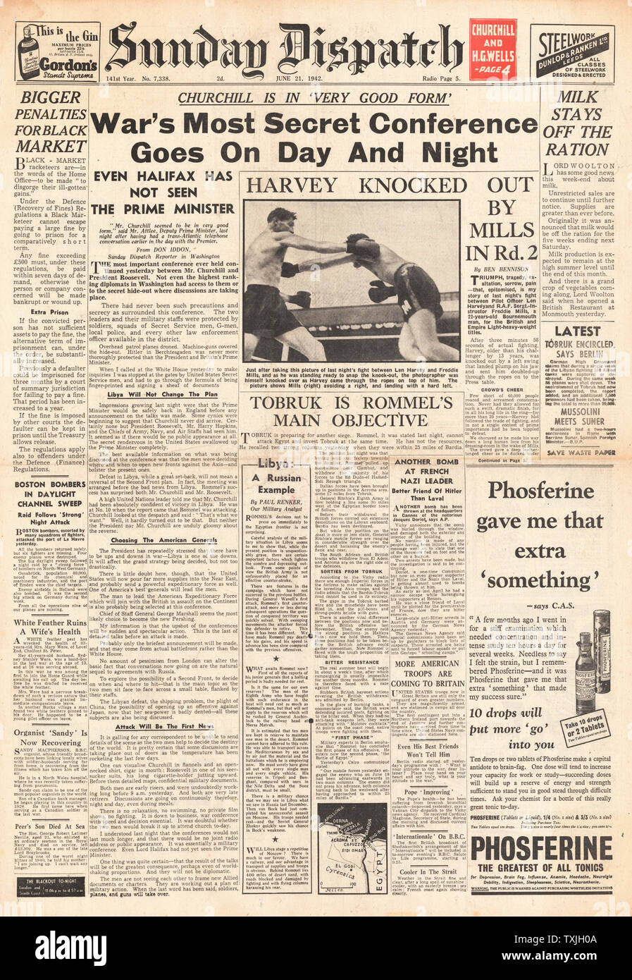 1942 Titelseite Sonntag: Churchill und Roosevelt in der Konferenz und Schlacht um Tobruk Stockfoto