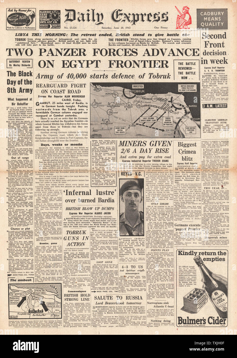 1942 Titelseite Daily Express Battle for Tobruk und Geoffrey Keyes erhielten posthum das Victoria Cross Stockfoto