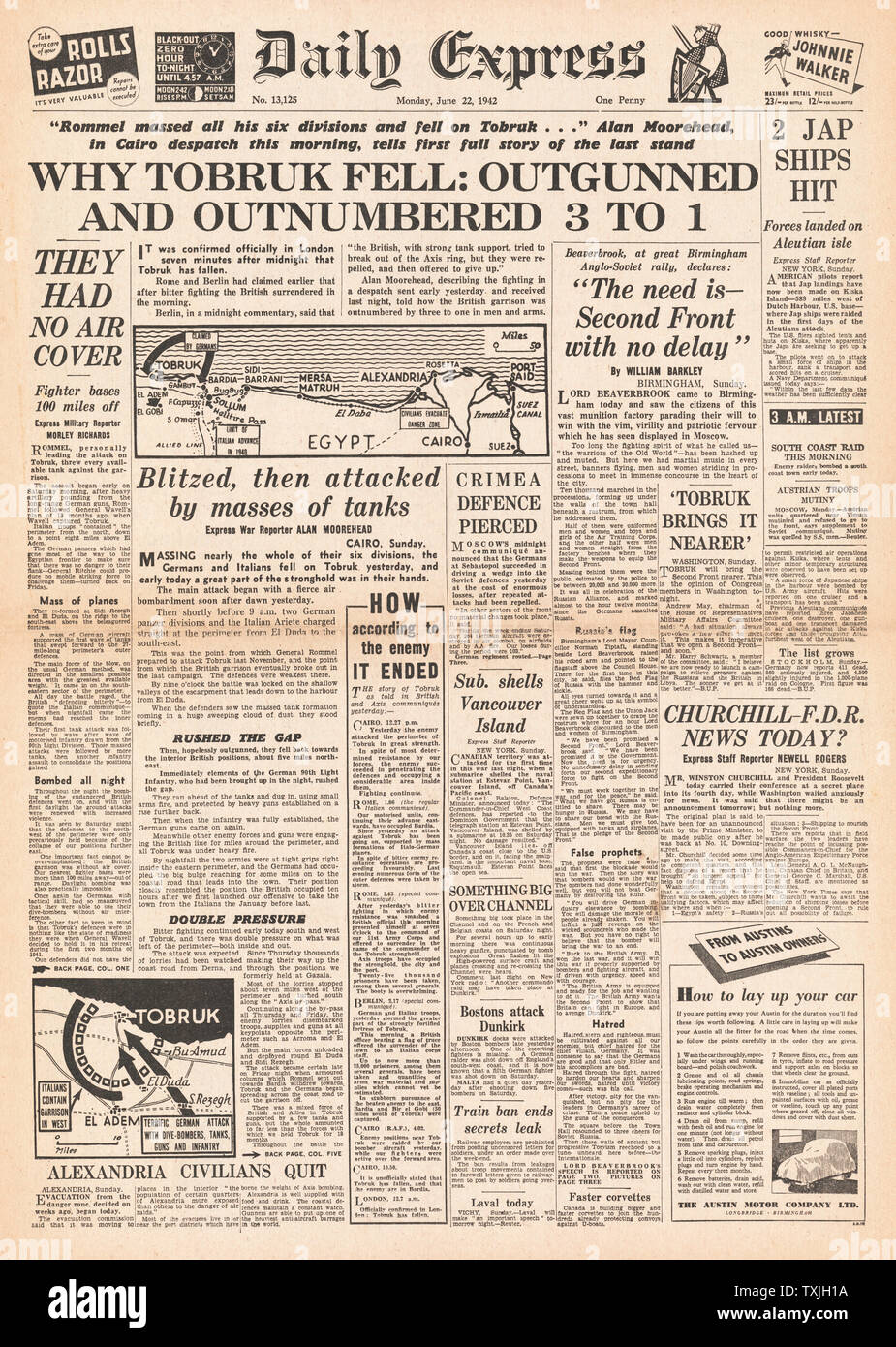 1942 Titelseite Daily Express Fall von Tobruk an die deutschen Streitkräfte Stockfoto