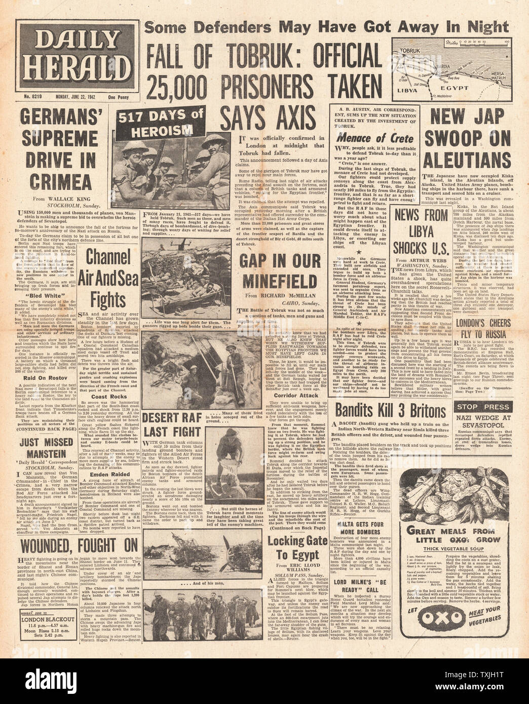 1942 Titelseite des Daily Herald Fall von Tobruk an die Deutschen Streitkräfte Stockfoto