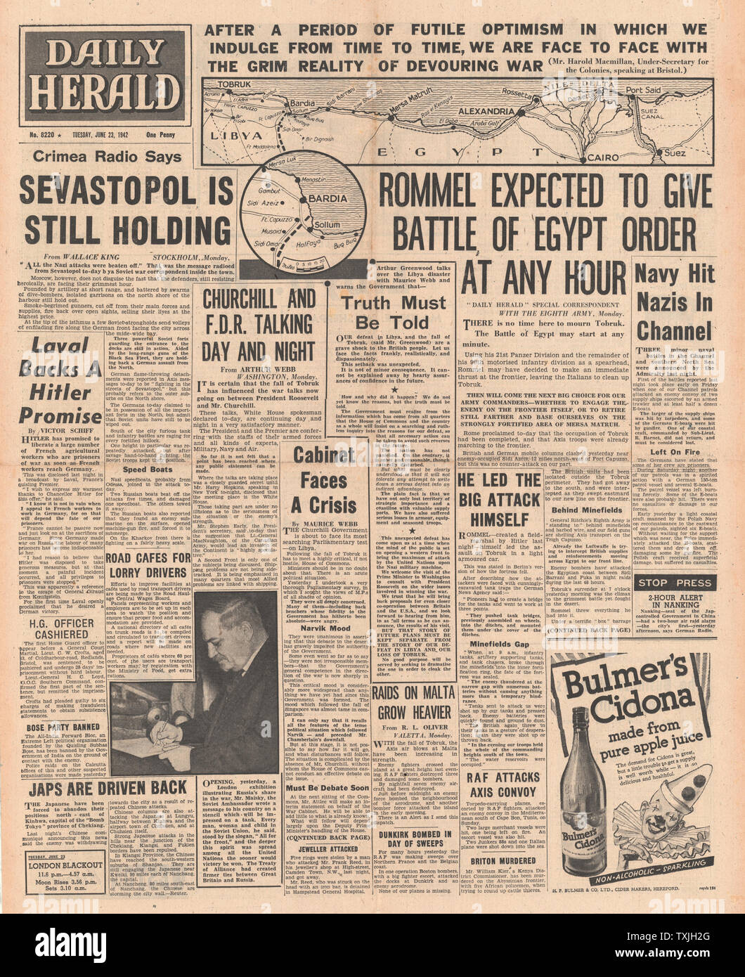 1942 Front Page Daily Herald Schlacht von Ägypten Bevorstehende Stockfoto