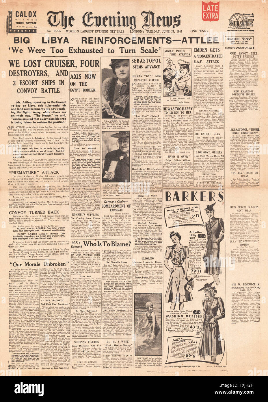 1942 Vorderseite Evening News Alllied Verstärkungen zu Libyen Stockfoto