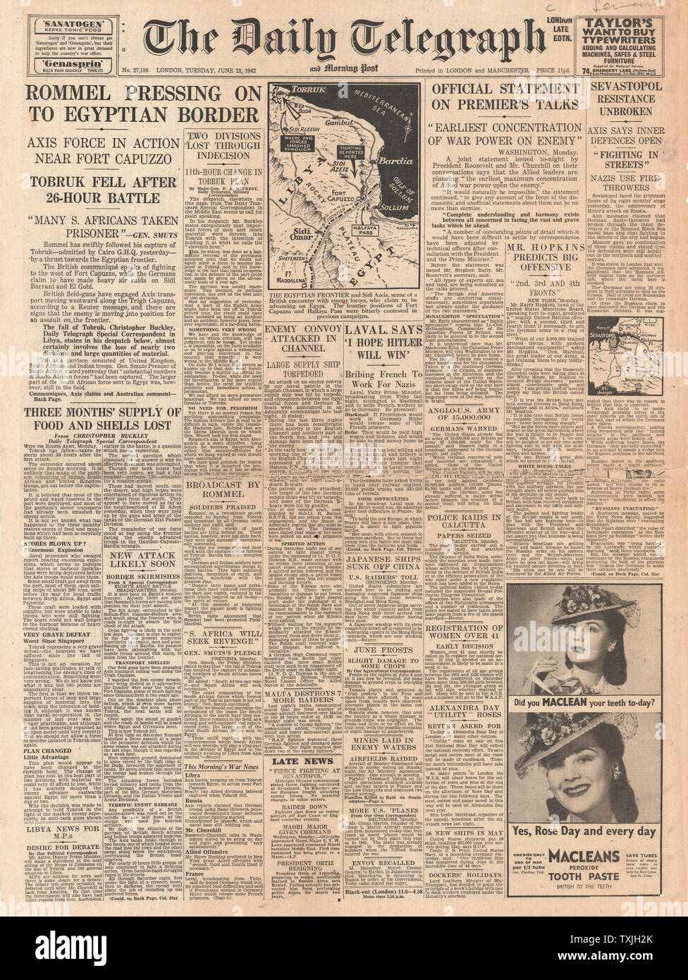 1942 Front Page Daily Telegraph deutsche Streitkräfte Masse über die ägyptische Grenze Stockfoto