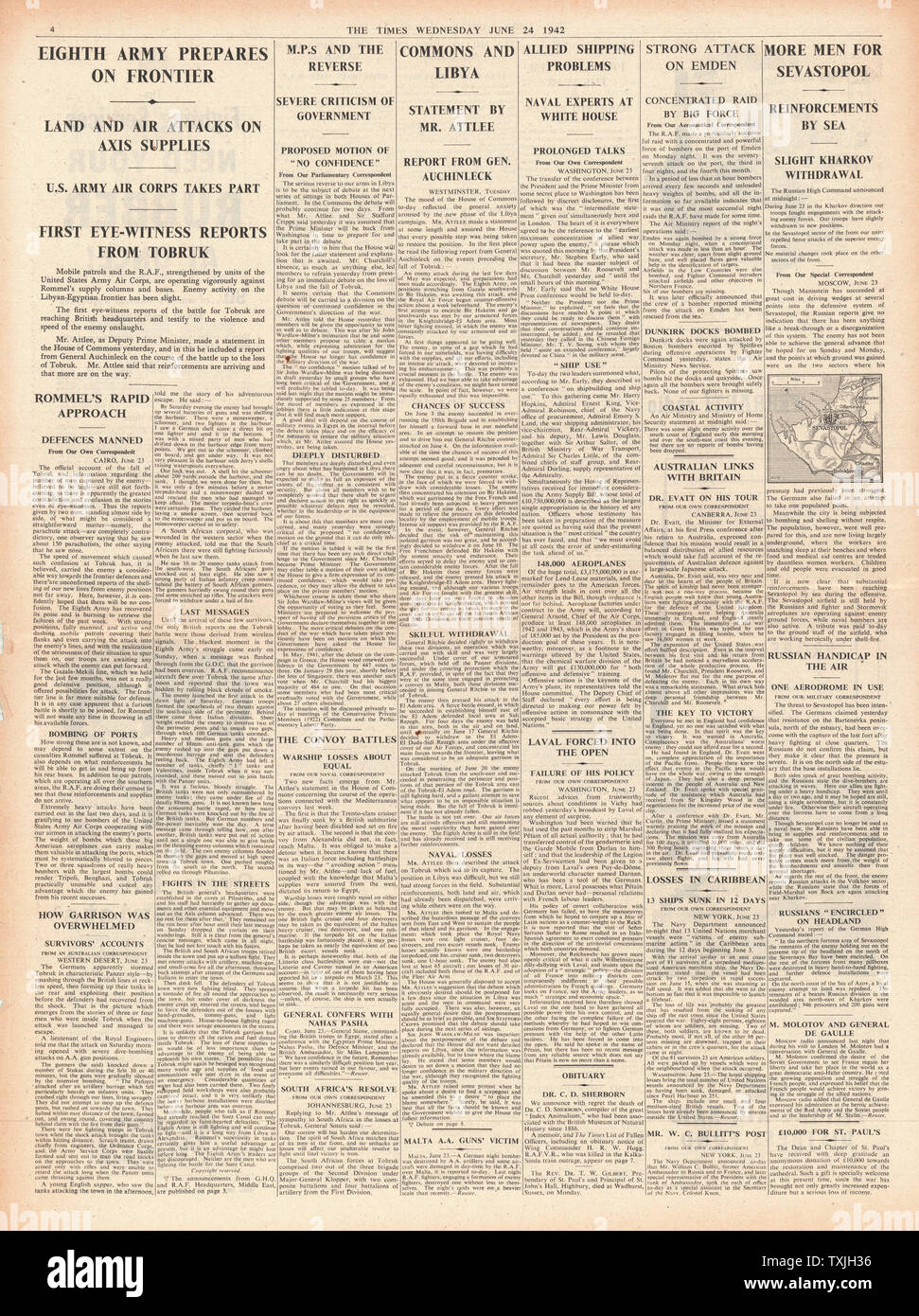 1942 Seite 4 Die Zeiten, 8. Armee bereitet sich auf ägyptischen Grenze, Kampf um Sebastapol und RAF-Bombe Emden Stockfoto
