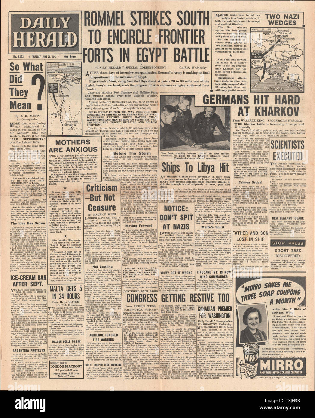 1942 Front Page Daily Herald Schlacht über die ägyptische Grenze und Kampf um die Krim und Charkow Stockfoto